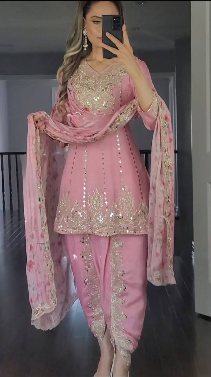 Light Pink Sequence Embroidery Dhoti Style Salwar Suit set For Women