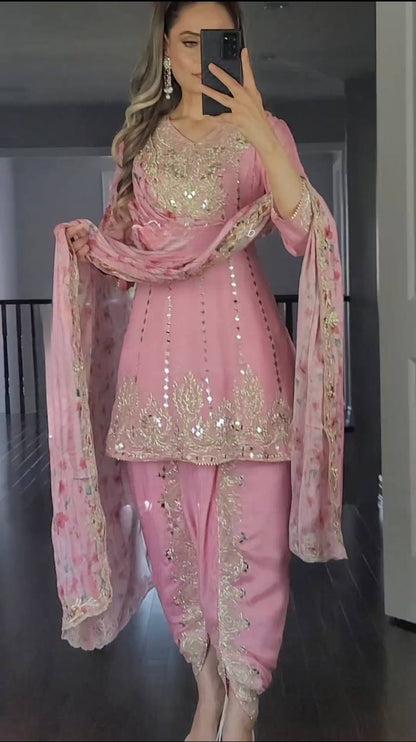 Light Pink Sequence Embroidery Dhoti Style Salwar Suit set For Women