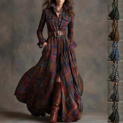 Ins Plaid Print Long-Sleeved Dress Fashion Pockets Collared Buttons Shirt Long Dresses Retro Women's Clothing