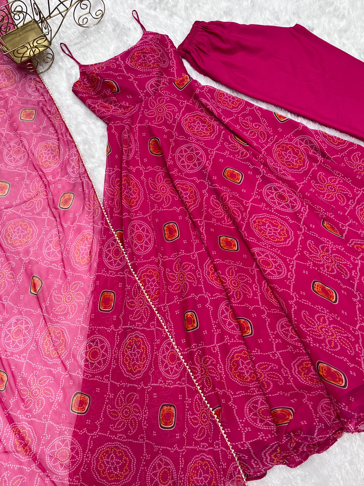 Pink Soft Lightweight Chiffon Bandhej Fully Flair Gown,Duppta ,Pent Set Ready To Wear