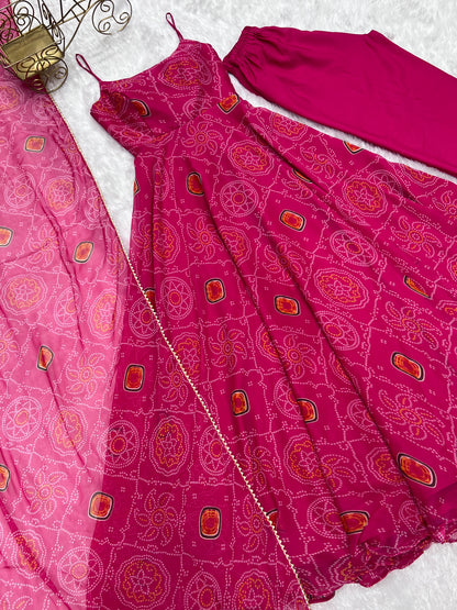 Pink Soft Lightweight Chiffon Bandhej Fully Flair Gown,Duppta ,Pent Set Ready To Wear