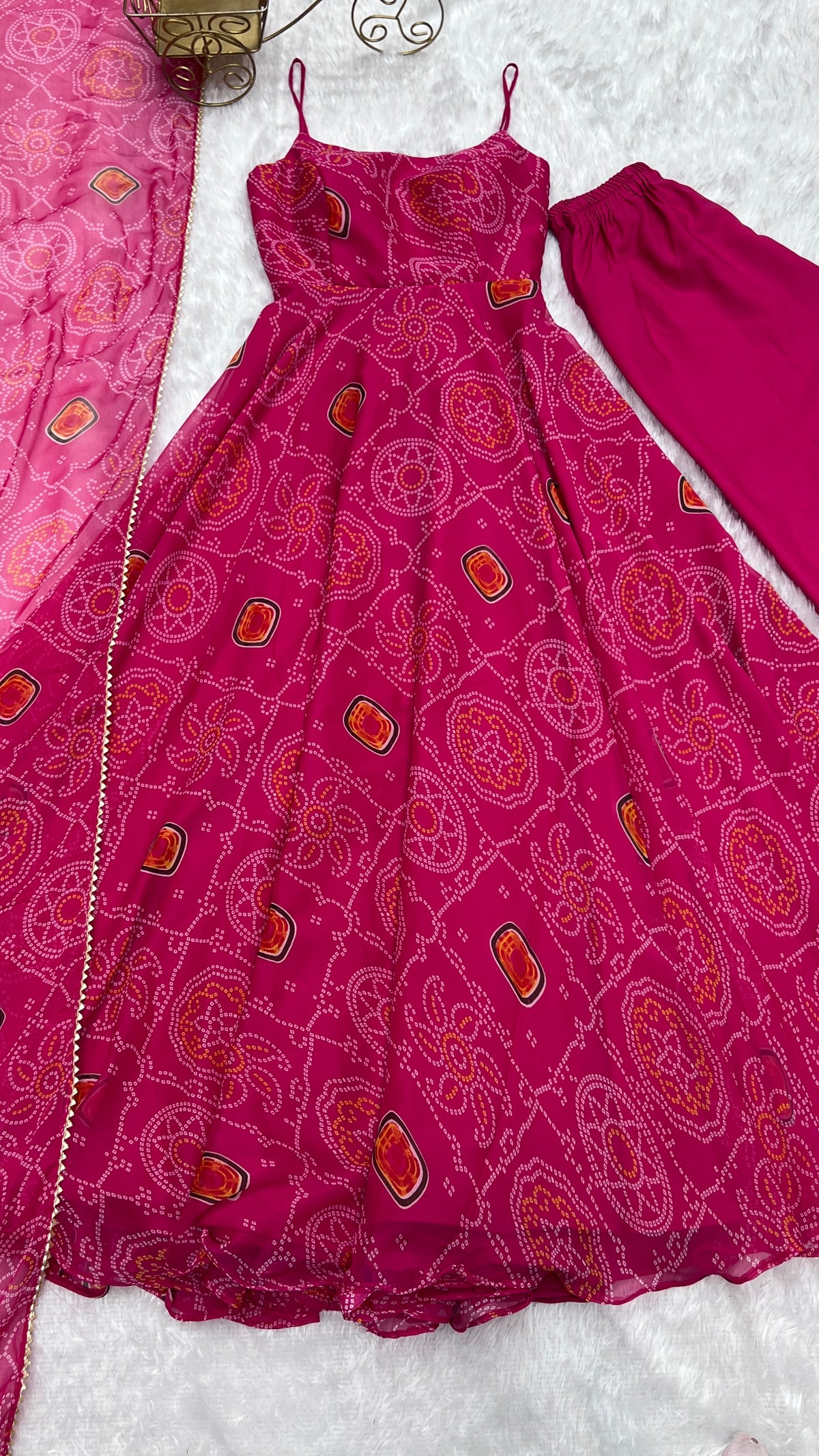 Pink Soft Lightweight Chiffon Bandhej Fully Flair Gown,Duppta ,Pent Set Ready To Wear