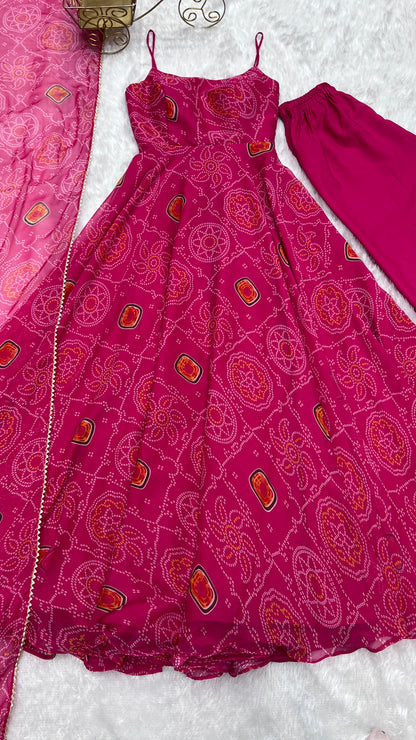 Pink Soft Lightweight Chiffon Bandhej Fully Flair Gown,Duppta ,Pent Set Ready To Wear