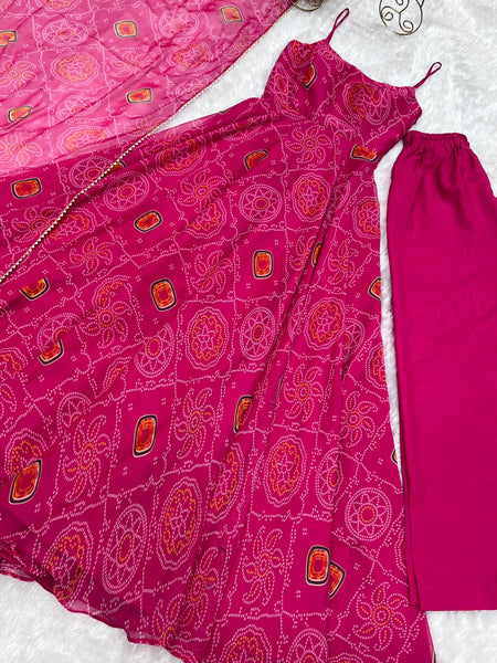 Pink Soft Lightweight Chiffon Bandhej Fully Flair Gown,Duppta ,Pent Set Ready To Wear