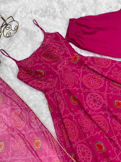 Pink Soft Lightweight Chiffon Bandhej Fully Flair Gown,Duppta ,Pent Set Ready To Wear