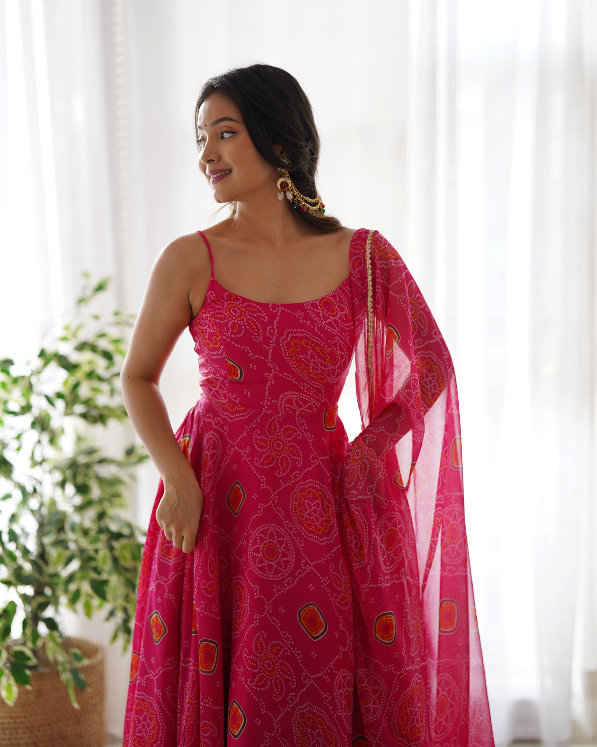 Pink Soft Lightweight Chiffon Bandhej Fully Flair Gown,Duppta ,Pent Set Ready To Wear