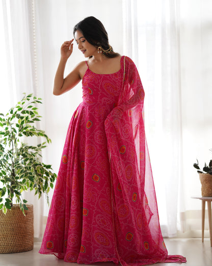 Pink Soft Lightweight Chiffon Bandhej Fully Flair Gown,Duppta ,Pent Set Ready To Wear