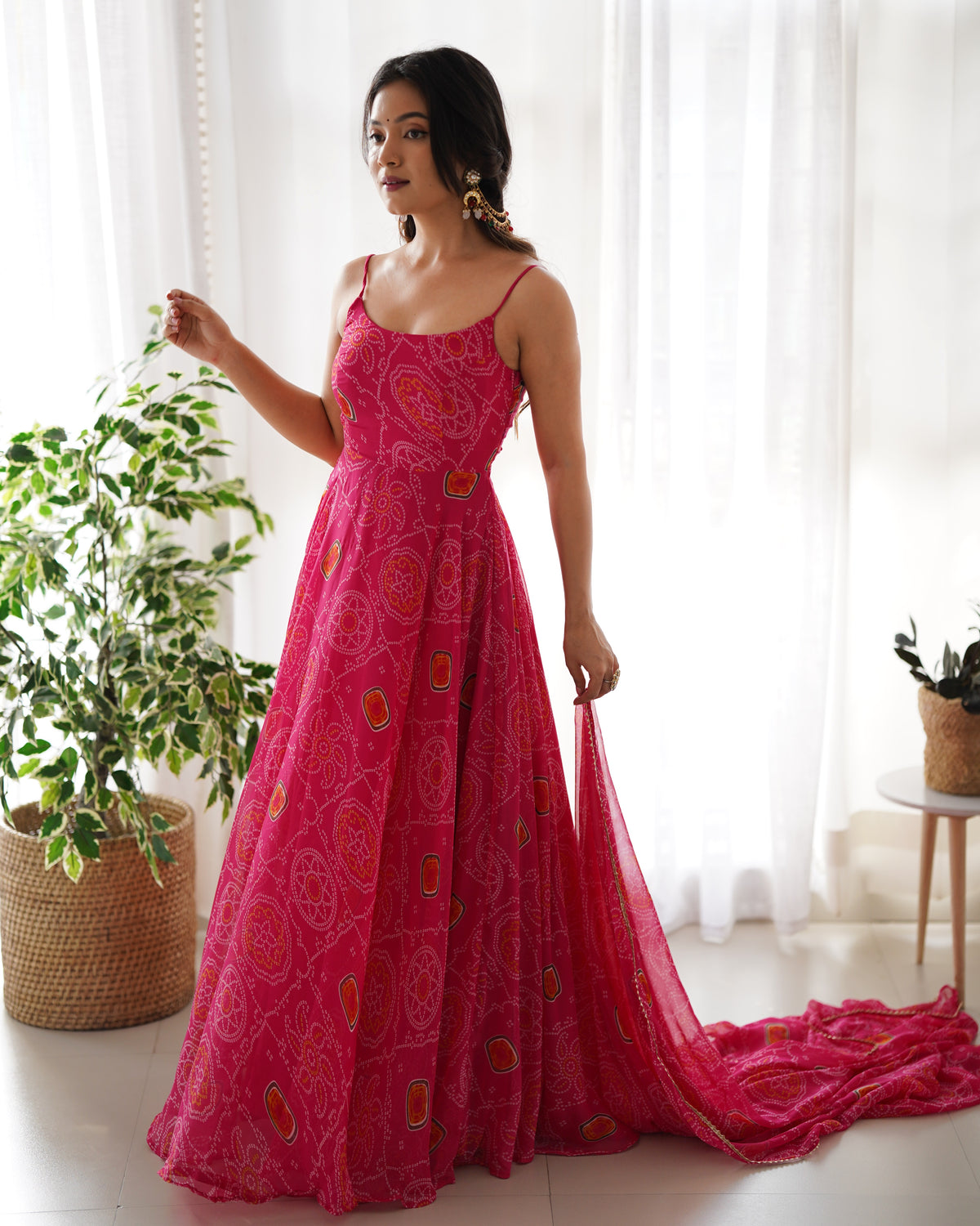 Pink Soft Lightweight Chiffon Bandhej Fully Flair Gown,Duppta ,Pent Set Ready To Wear