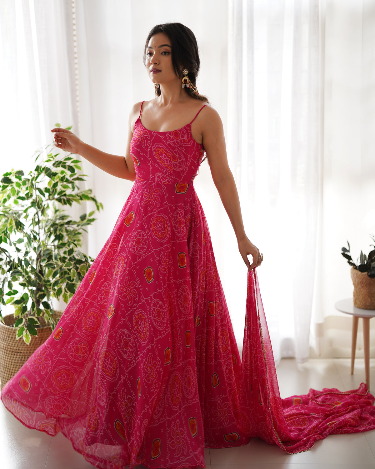 Pink Soft Lightweight Chiffon Bandhej Fully Flair Gown,Duppta ,Pent Set Ready To Wear