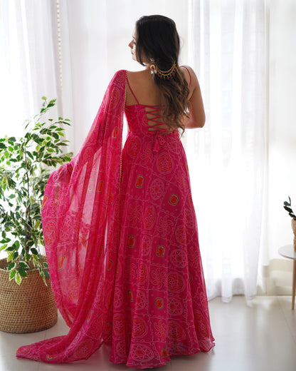 Pink Soft Lightweight Chiffon Bandhej Fully Flair Gown,Duppta ,Pent Set Ready To Wear