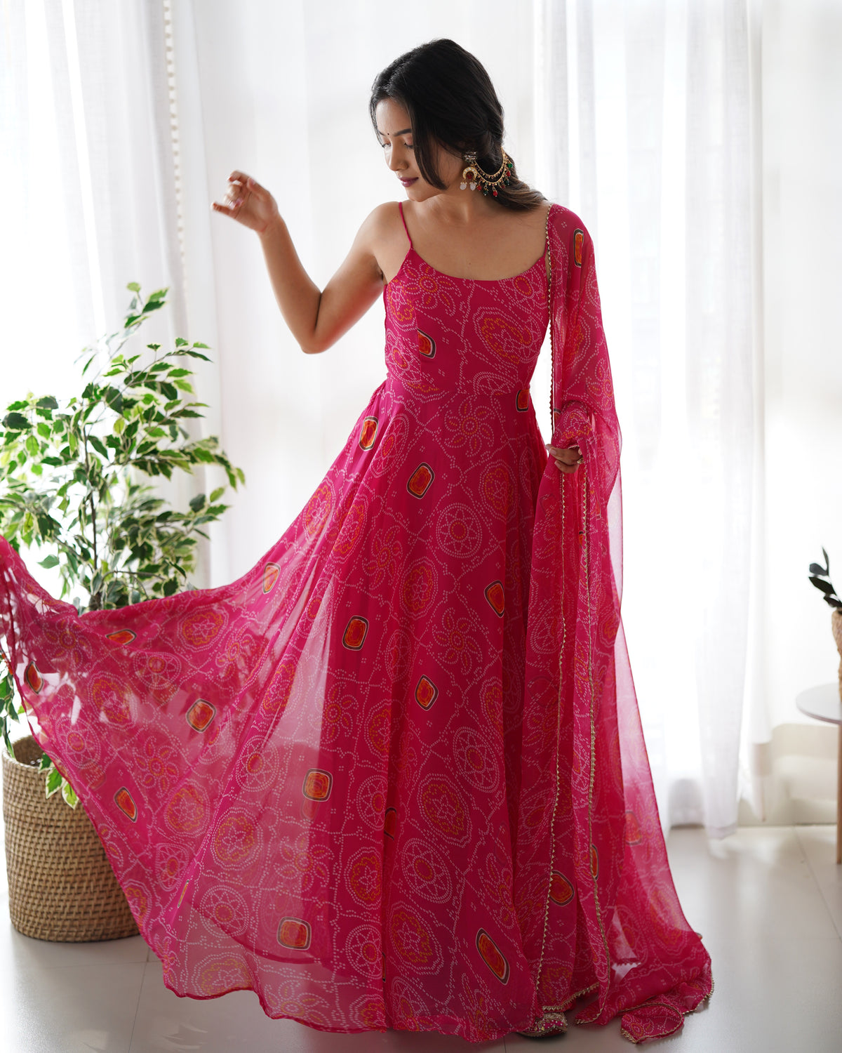 Pink Soft Lightweight Chiffon Bandhej Fully Flair Gown,Duppta ,Pent Set Ready To Wear