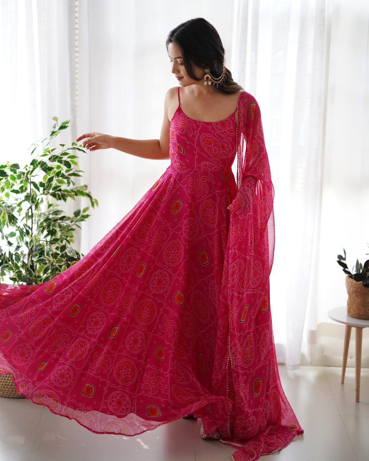 Pink Soft Lightweight Chiffon Bandhej Fully Flair Gown,Duppta ,Pent Set Ready To Wear