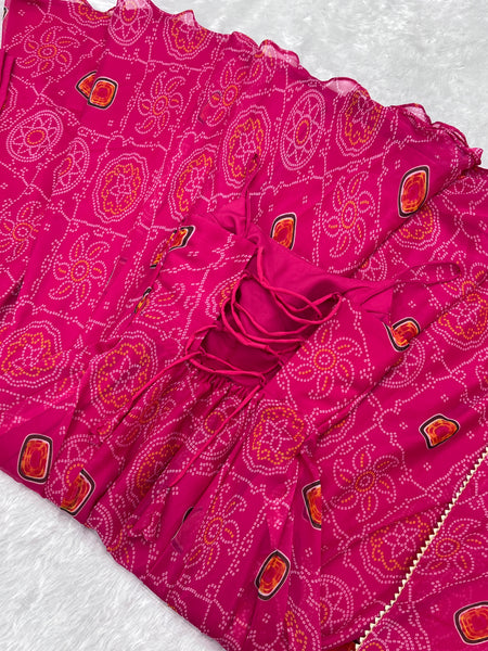 Pink Soft Lightweight Chiffon Bandhej Fully Flair Gown,Duppta ,Pent Set Ready To Wear