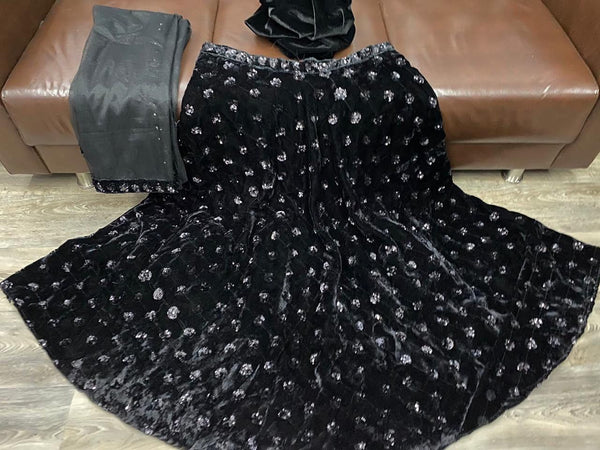 Black Sequence Work On Viscose Velvet Lehenga with dupatta