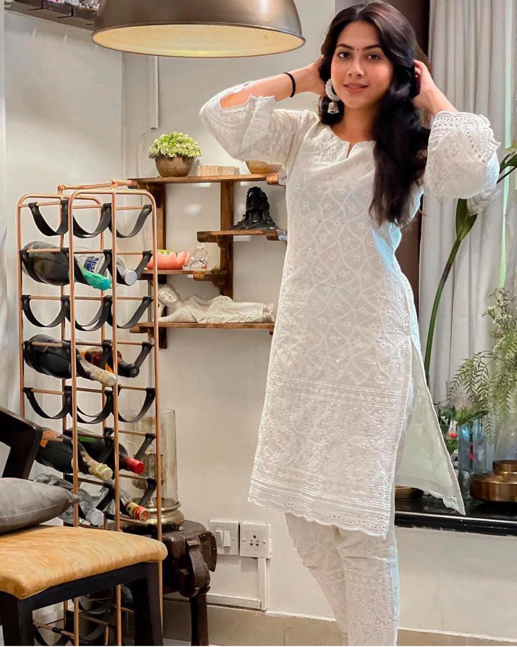 White Chicken Work Cotton Kurti & Plazo Set