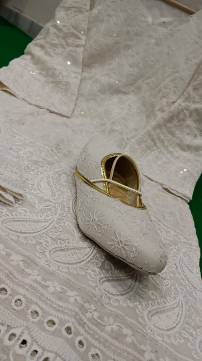White Chicken Work Cotton Kurti & Plazo Set