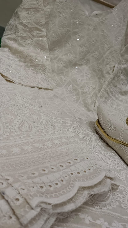 White Chicken Work Cotton Kurti & Plazo Set