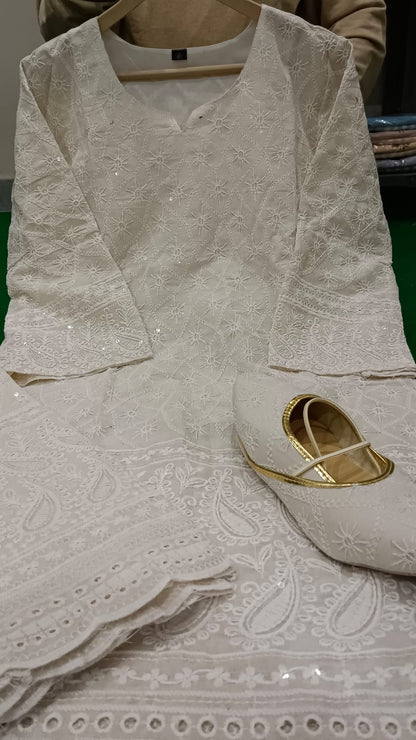 White Chicken Work Cotton Kurti & Plazo Set