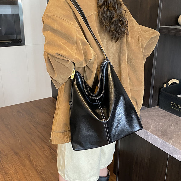 Large-capacity Textured Soft Leather Bag In A Korean-style Single-shoulder Design