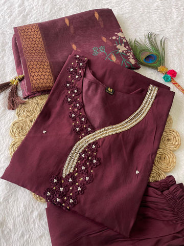 Dark Maroon Full Stitched Hand Work Salwar Suit with Dupatta For Women