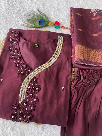 Dark Maroon Full Stitched Hand Work Salwar Suit with Dupatta For Women