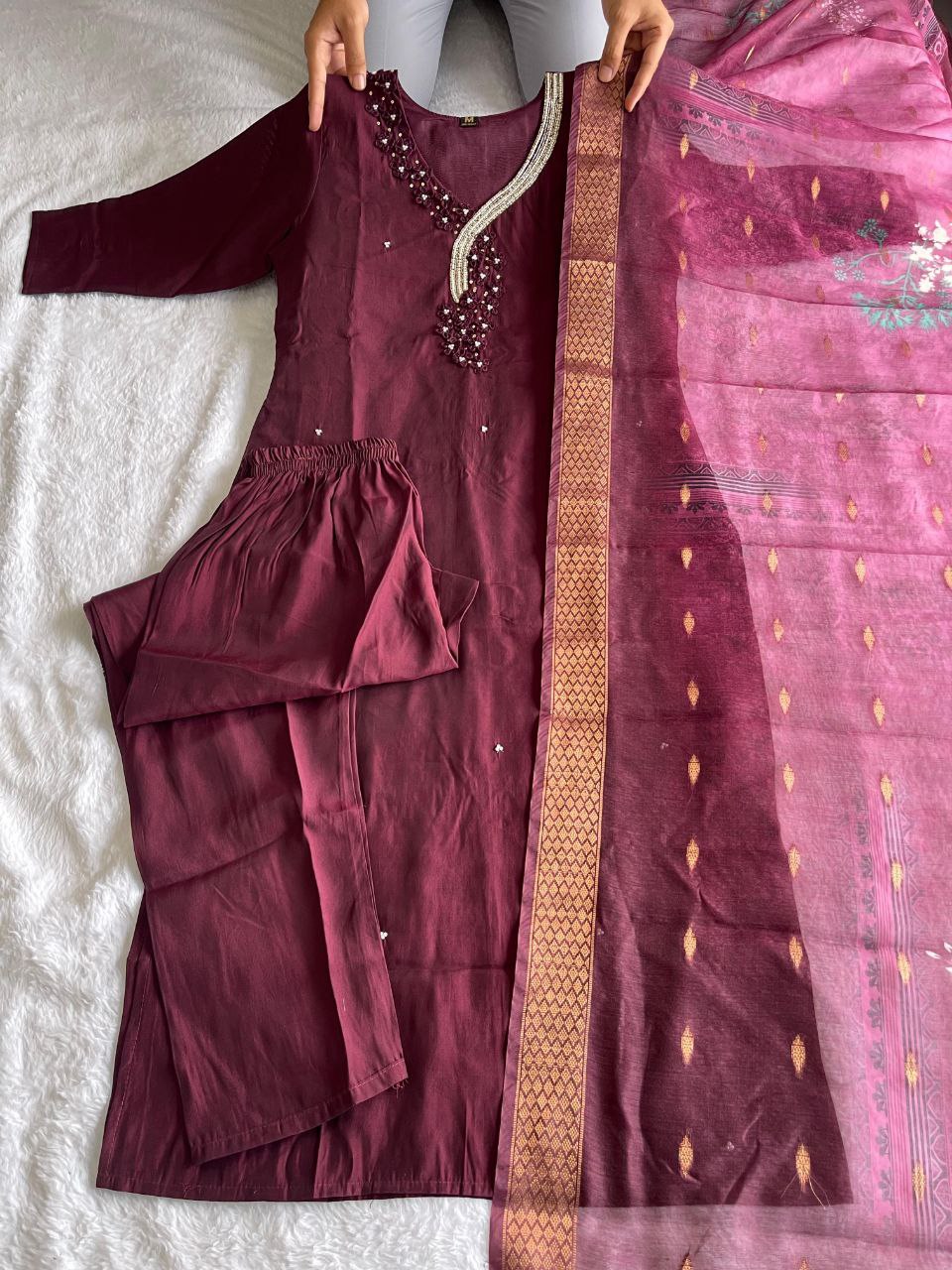 Dark Maroon Full Stitched Hand Work Salwar Suit with Dupatta For Women