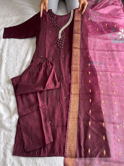 Dark Maroon Full Stitched Hand Work Salwar Suit with Dupatta For Women