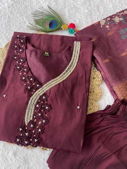 Dark Maroon Full Stitched Hand Work Salwar Suit with Dupatta For Women