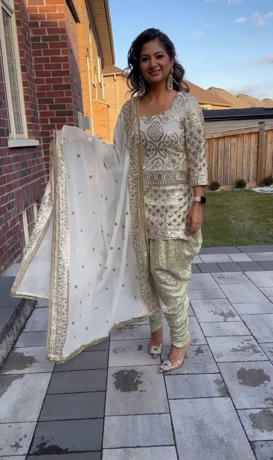 Cream Designer Party Wear Look Top Dhoti Salwar and Dupatta