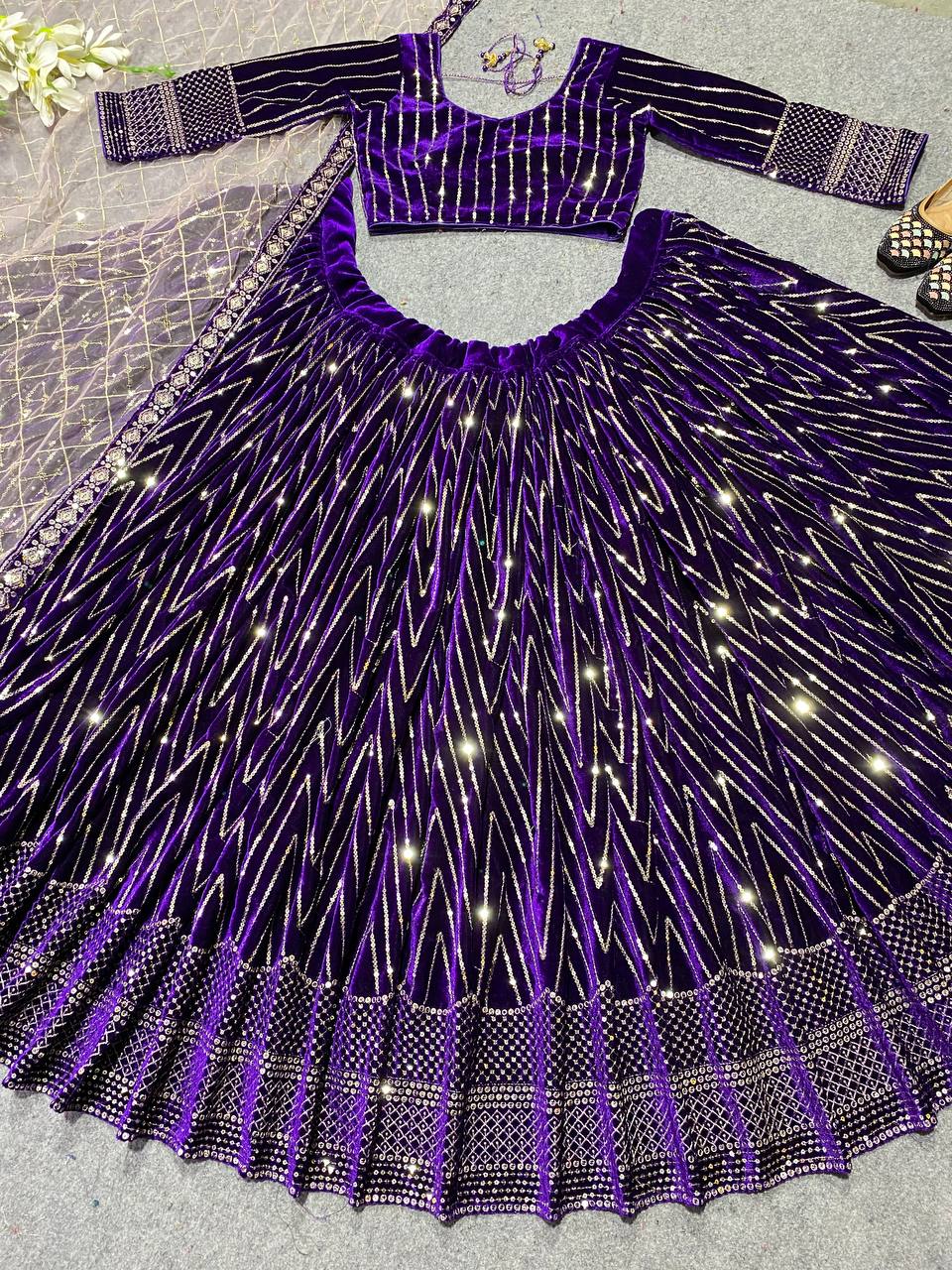 Purple Embroidered Attractive Party Wear viscose Velvet Lehenga choli