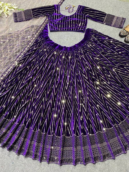 Purple Embroidered Attractive Party Wear viscose Velvet Lehenga choli