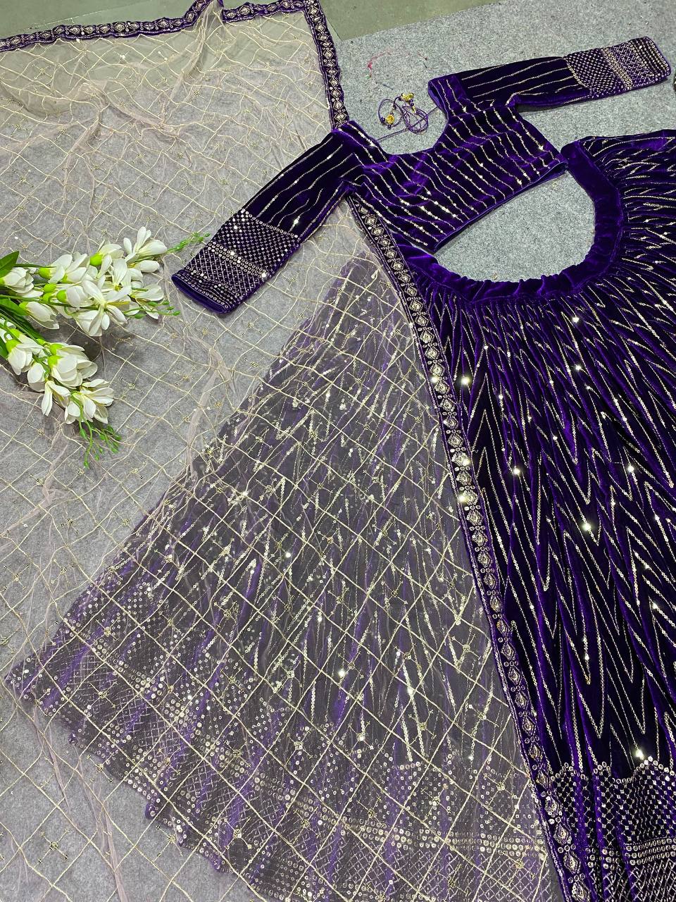 Purple Embroidered Attractive Party Wear viscose Velvet Lehenga choli