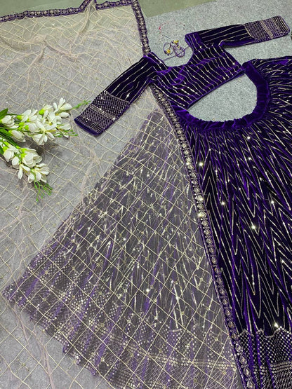 Purple Embroidered Attractive Party Wear viscose Velvet Lehenga choli