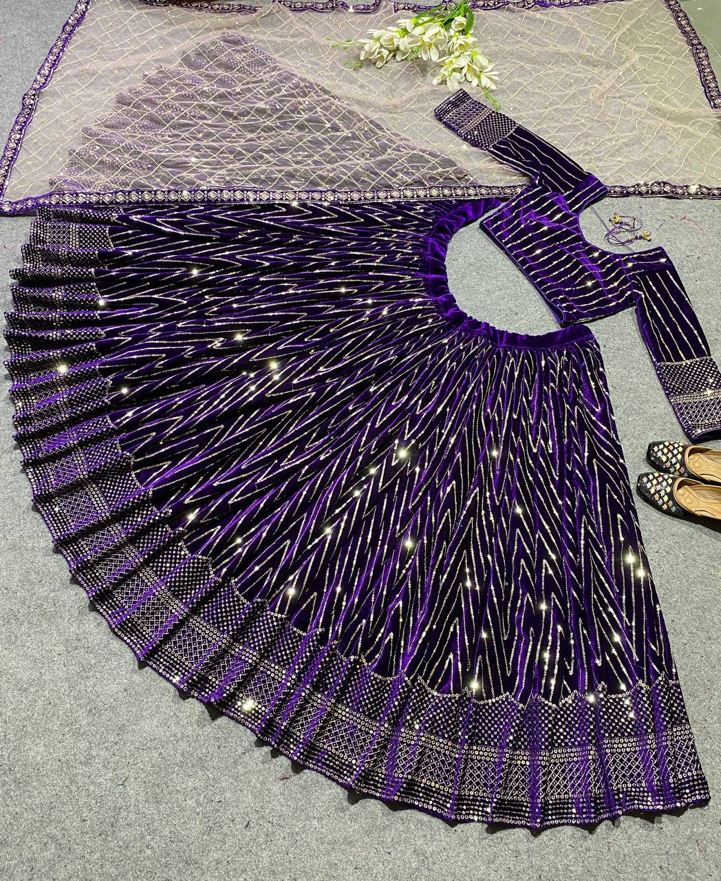 Purple Embroidered Attractive Party Wear viscose Velvet Lehenga choli