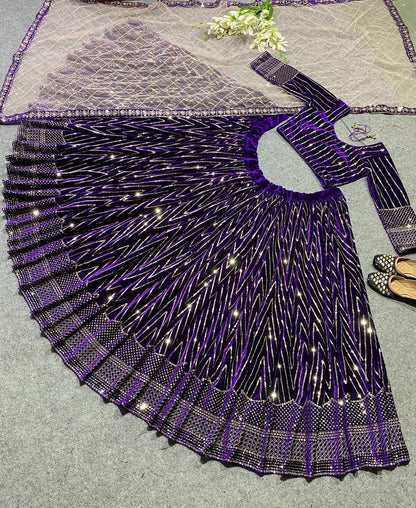 Purple Embroidered Attractive Party Wear viscose Velvet Lehenga choli