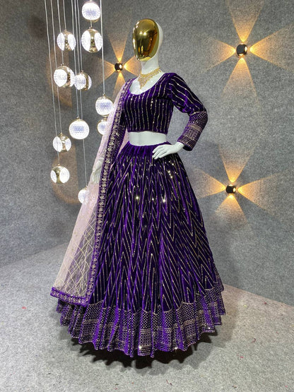 Purple Embroidered Attractive Party Wear viscose Velvet Lehenga choli
