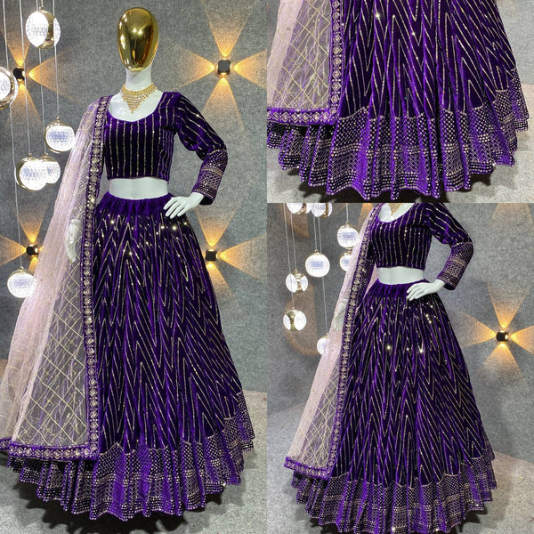 Purple Embroidered Attractive Party Wear viscose Velvet Lehenga choli