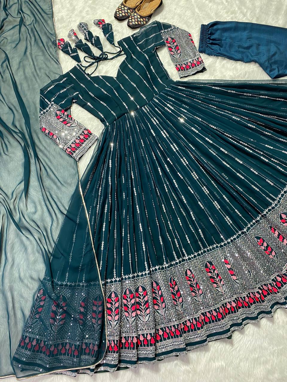 Green Long Gown Semi cotton with full embroidery work