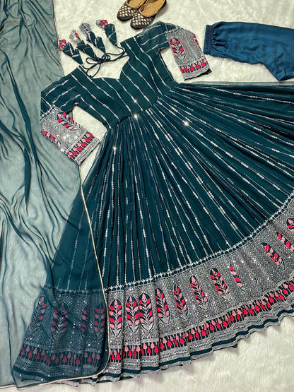 Green Long Gown Semi cotton with full embroidery work