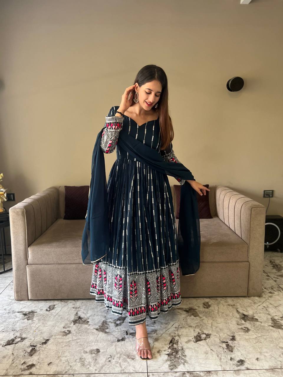 Green Long Gown Semi cotton with full embroidery work