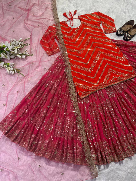 Red Long Top Embroidery Lehenga Choli for women