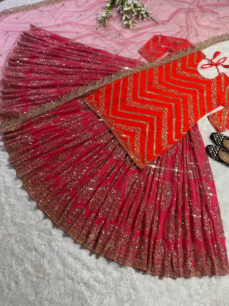 Red Long Top Embroidery Lehenga Choli for women