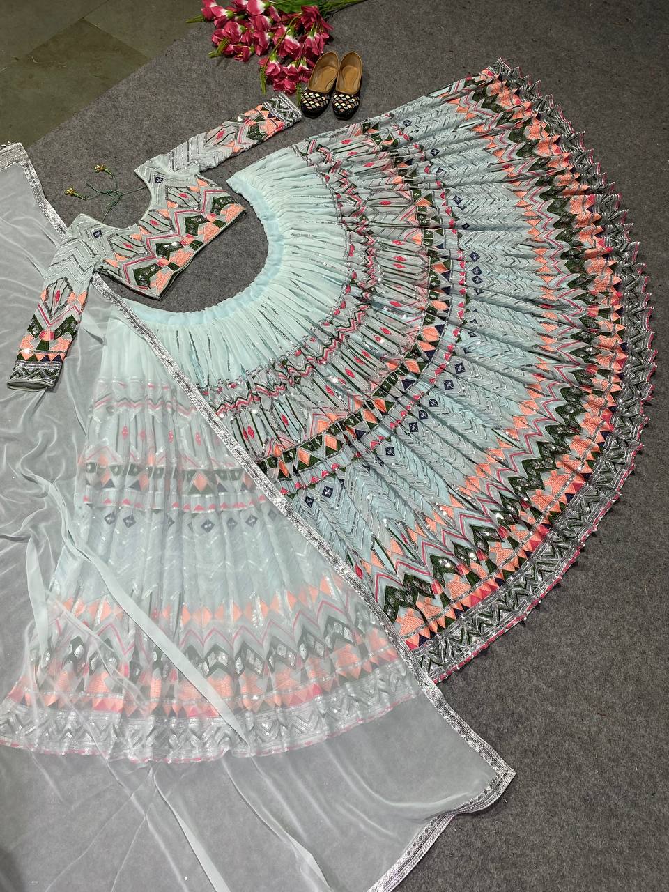 Pista Color Georgette Lehenga Choli Dupatta full embroidery work