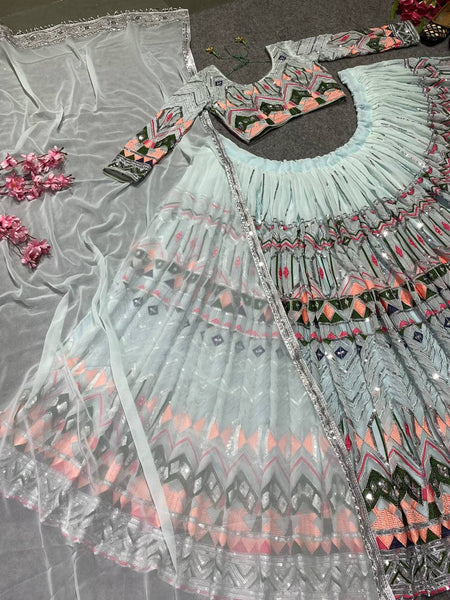 Pista Color Georgette Lehenga Choli Dupatta full embroidery work