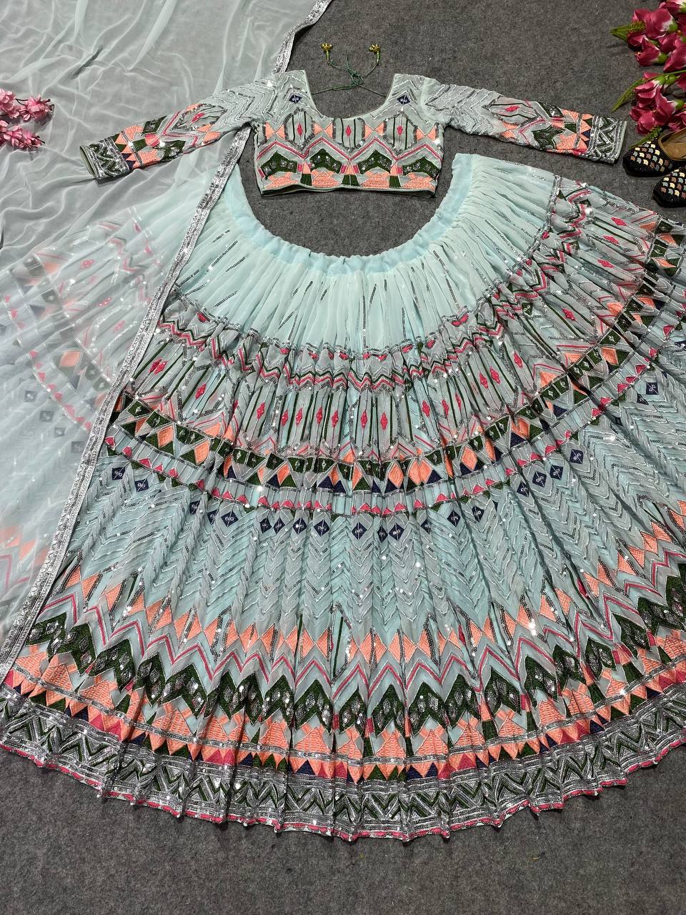 Pista Color Georgette Lehenga Choli Dupatta full embroidery work