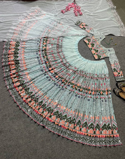 Pista Color Georgette Lehenga Choli Dupatta full embroidery work