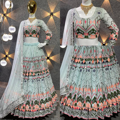 Pista Color Georgette Lehenga Choli Dupatta full embroidery work