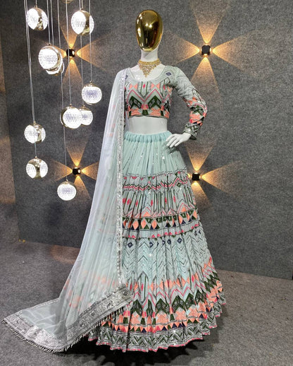 Pista Color Georgette Lehenga Choli Dupatta full embroidery work