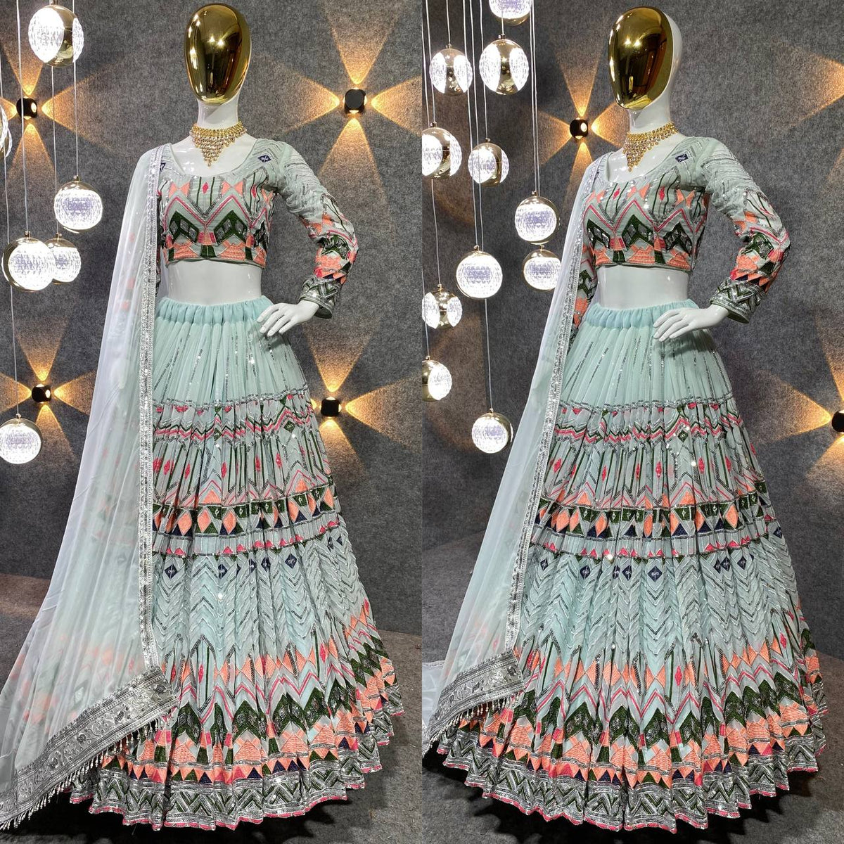 Pista Color Georgette Lehenga Choli Dupatta full embroidery work