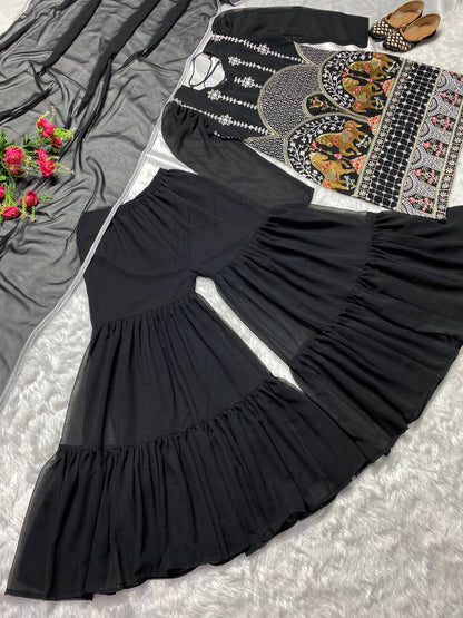 Black Georgette With multi needle Work Embroidery Work Sharara suit set